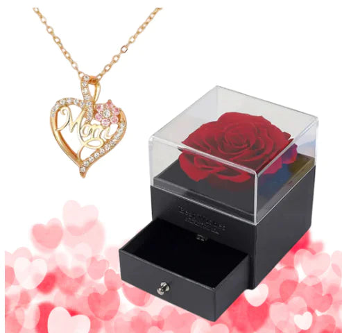 Collar con colgante de corazón para mamá con caja de regalo de rosas.