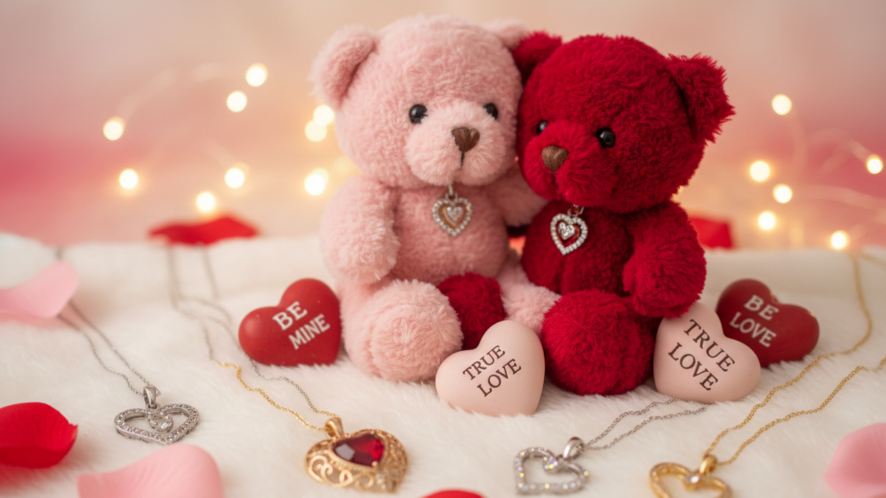 imagen sobre el amor y san valentin metiendo peluches y collares bonitos de corazones